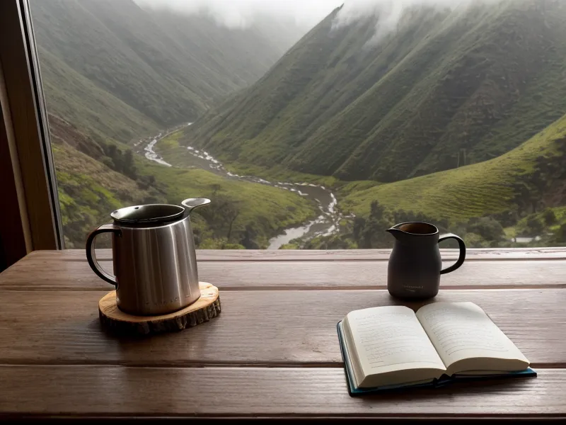 Mano escribiendo en el cuaderno de entrenamiento mental de una corredora amateur, con las montañas de Ambato de fondo
