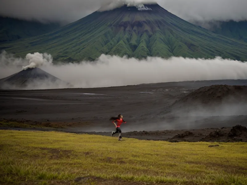 silueta de corredora en las faldas del volcán Tungurahua bajo la niebla del amanecer