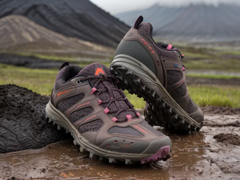 primer plano de zapatillas de trail running con lodo en terreno técnico volcánico
