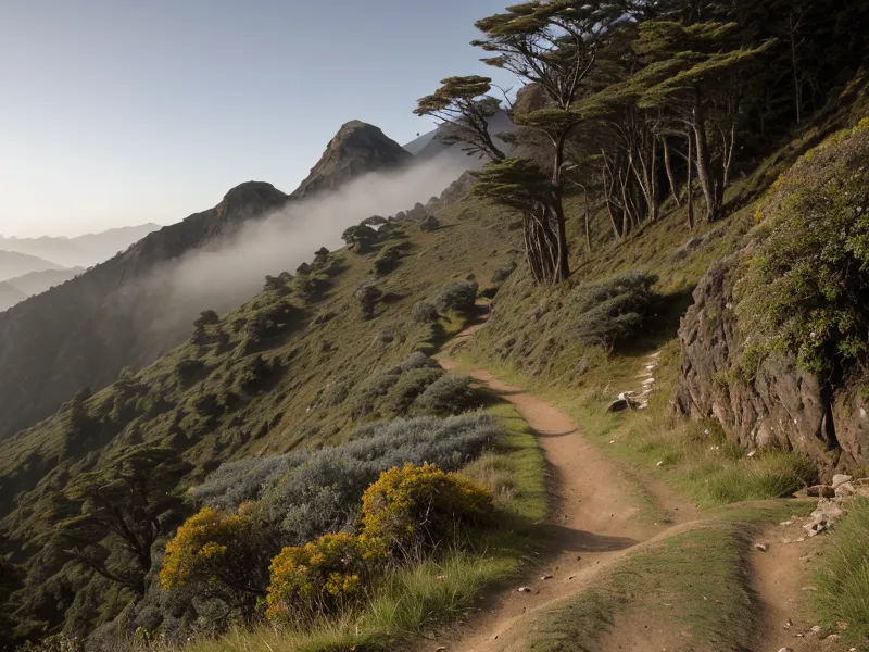 sendero empinado con raíces expuestas y piedras volcánicas en la montaña
