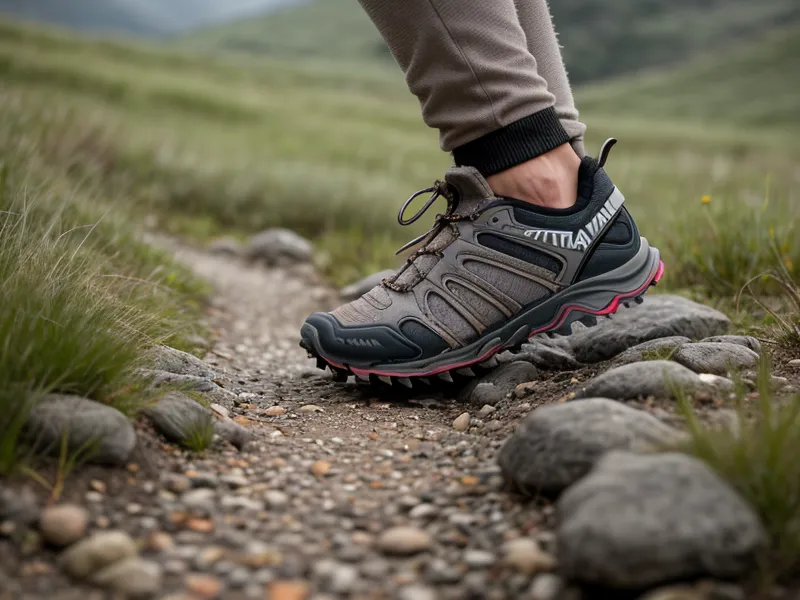 Primer plano de zapatillas de trail running sobre suelo volcánico húmedo en Ambato.