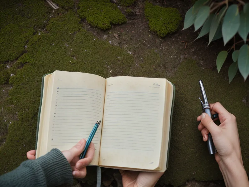 Mano escribiendo en un diario de entrenamiento mental en un sendero de eucaliptos.