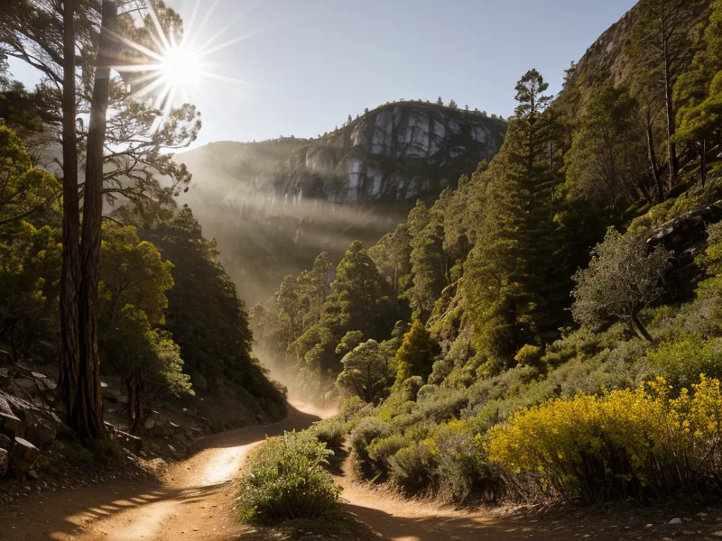 Sendero empinado de montaña rodeado de eucaliptos bajo la luz del sol andino.